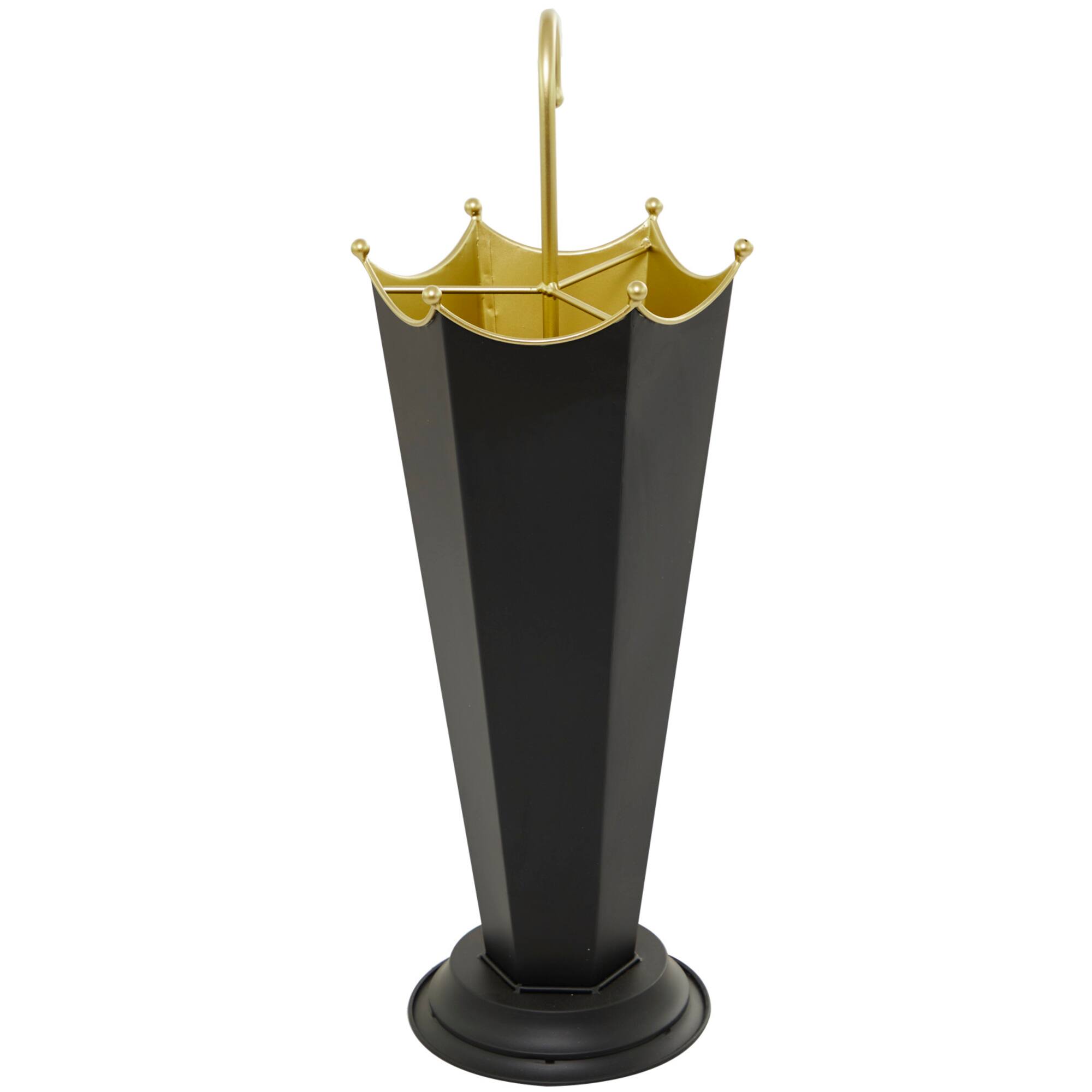 Black Metal Abstract Umbrella Stand with Gold Handle 10" x 9" x 27"